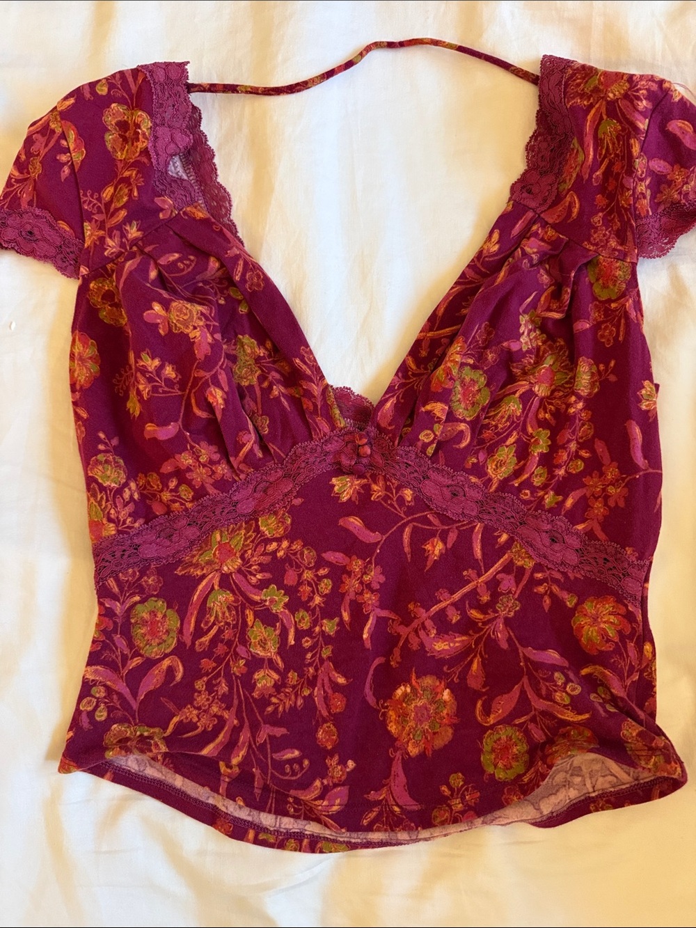Free People Floral Magenta Lace Trim V-Neck Cami Top